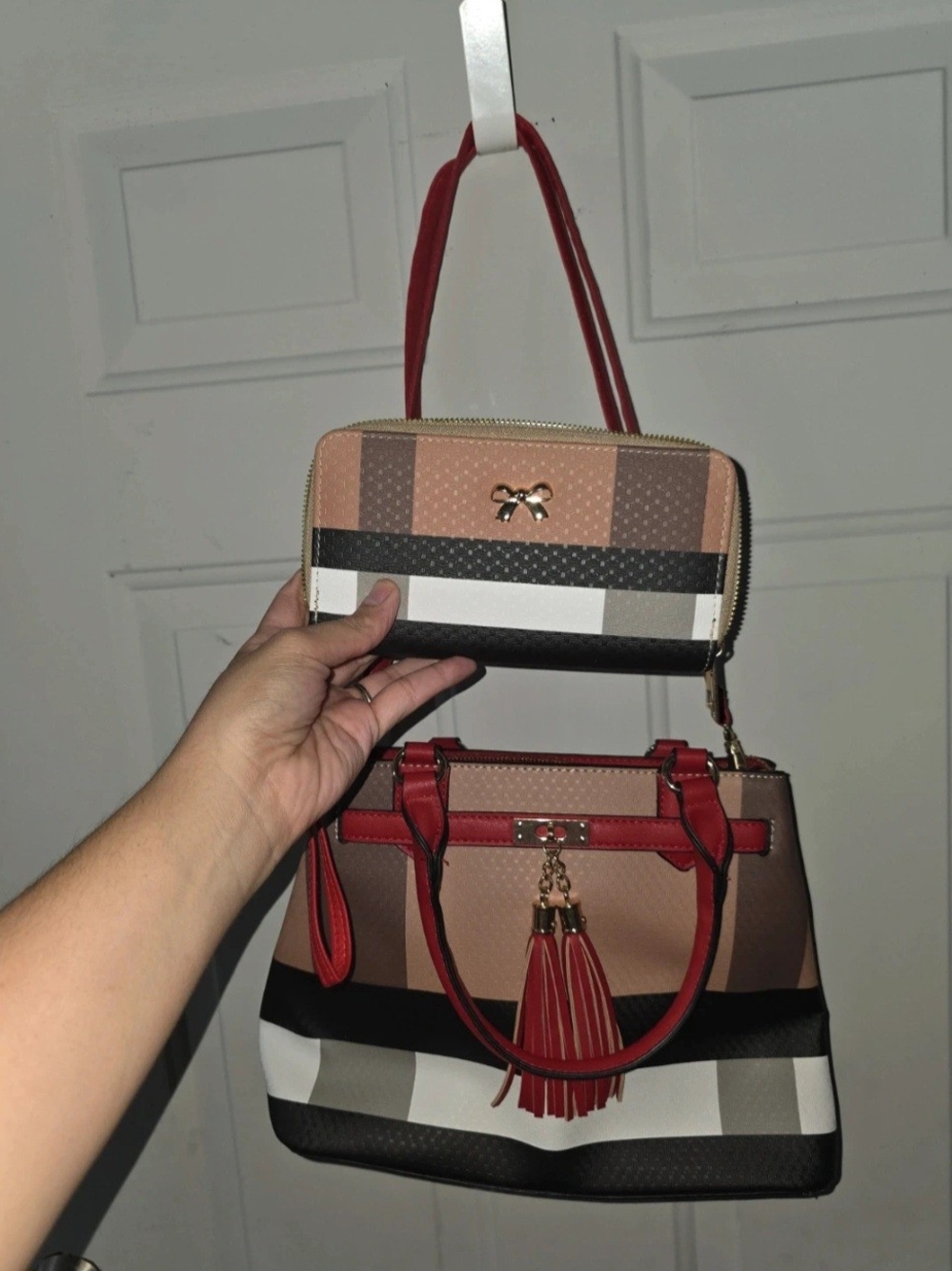 Striped Red and Neutral Tote with Matching Zip Wallet